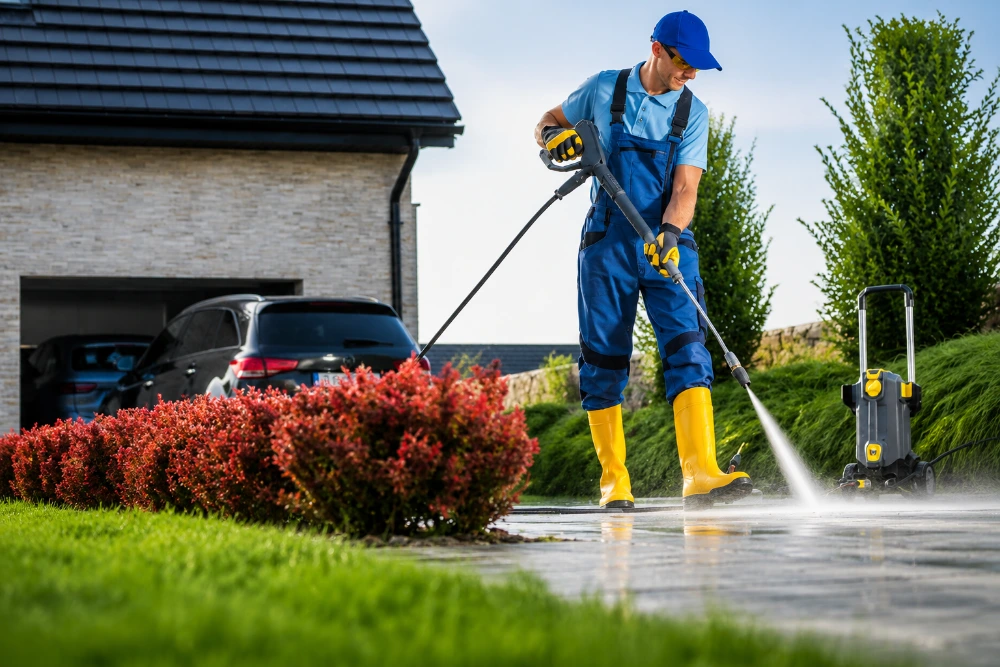 Eugene pressure washing technician cleaning a concrete surface using commercial-grade equipment.