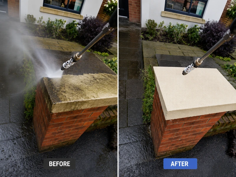Before and after driveway cleaning comparison showing algae removal in Eugene OR.