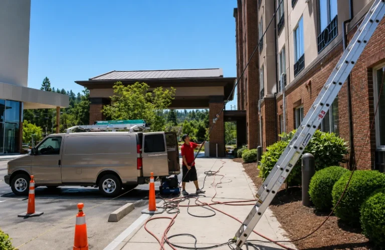 Driveway pressure washing in Eugene Oregon utilizing a professional surface cleaner to remove dirt.