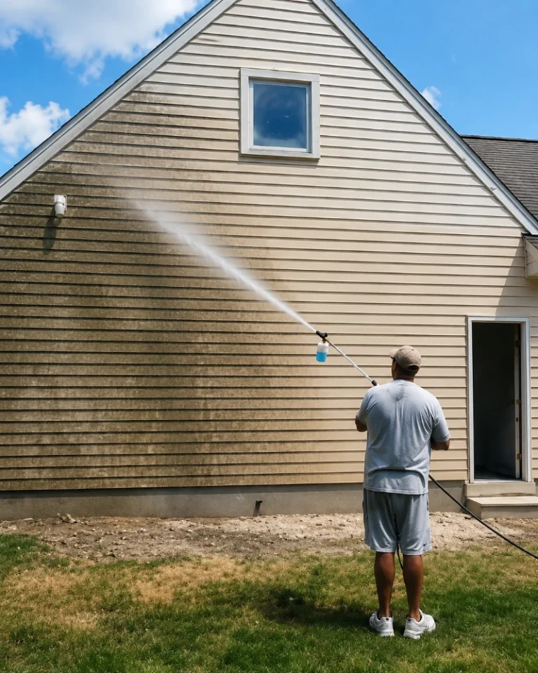 House exterior cleaning in Eugene OR removing biological mold from siding panels.