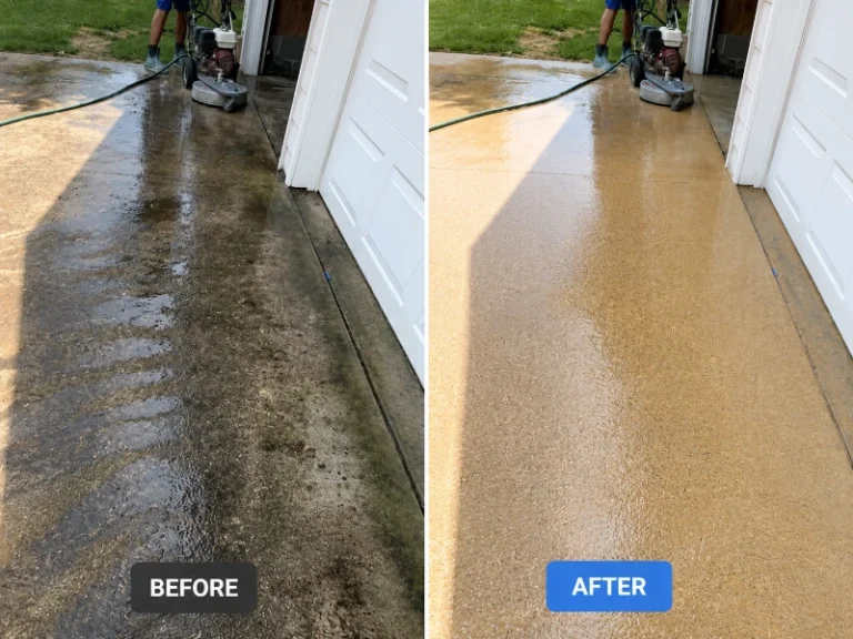 Patio cleaning service in Eugene OR removing green algae from backyard concrete slab.