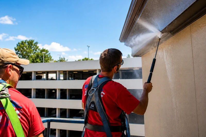 Residential pressure washing team cleaning concrete walkways in Eugene OR.