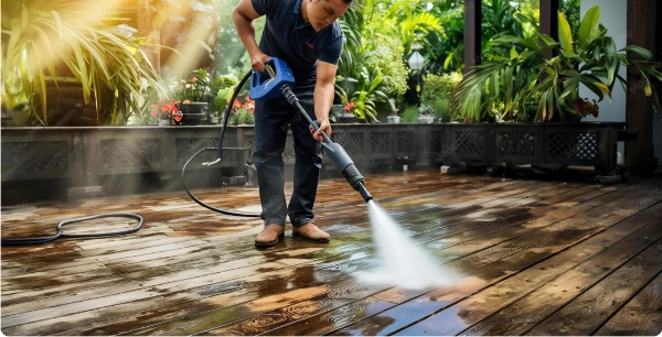 Professional commercial pressure washing technician washing retail building entryways overnight in Eugene OR
