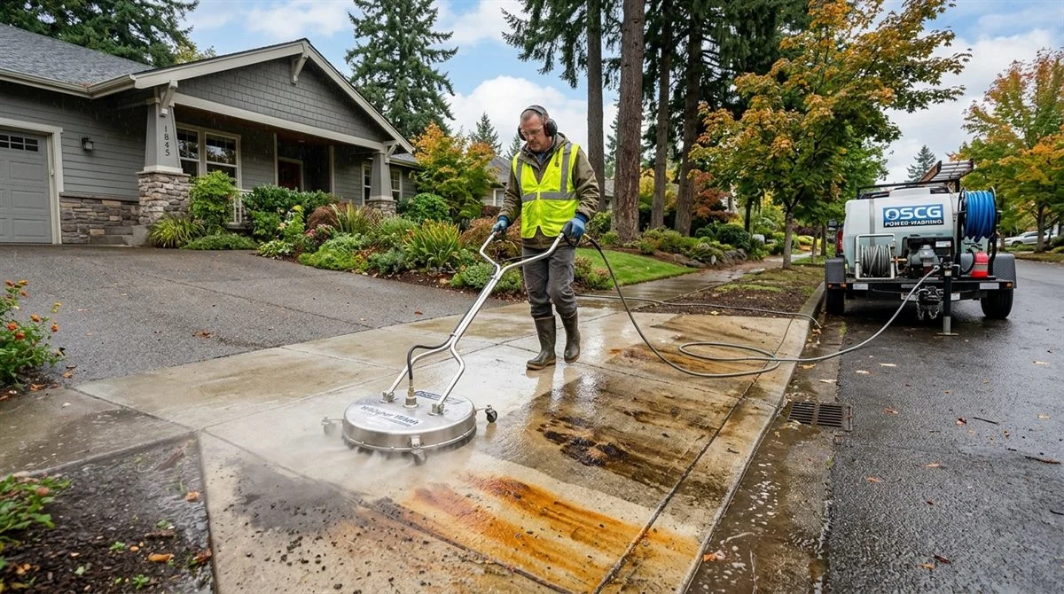 Hot water pressure washing degreasing automotive oil stains and fertilizer rust from concrete driveway in Eugene OR
