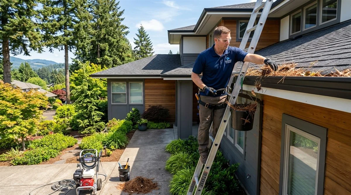 Professional gutter cleaning and downspout flushing service in Eugene Oregon