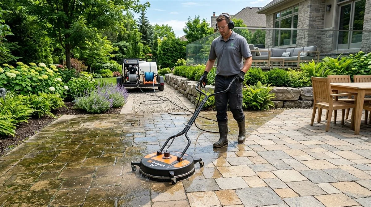 Commercial rotary surface cleaner washing stone patio pavers in Eugene OR
